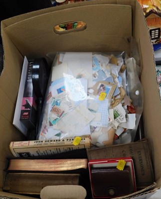 Lot 2114 - Assorted used stamps, books, etc. (1 box)