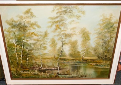 Lot 2146 - An oil on canvas, woodland scene with stream...