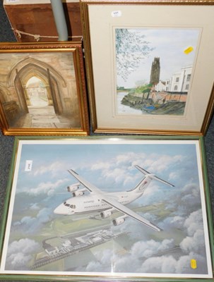 Lot 2165 - Three pictures, comprising a church scene,...