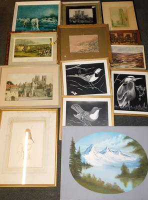 Lot 2166 - Thirteen pictures and prints, some acrylic on...