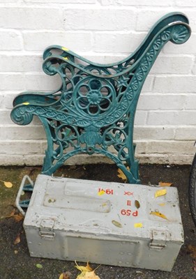Lot 1078 - A pair of green painted cast metal bench ends,...