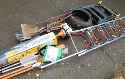 Lot 1085 - Two ladders, with platform extension, together...