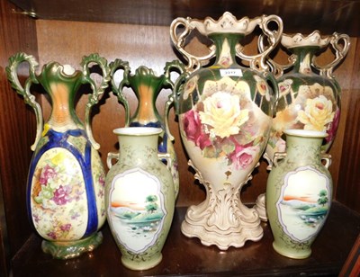 Lot 2217 - Three pairs of vases, including two Noritake...