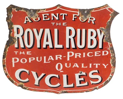 Lot 2055 - A ROYAL RUBY CYCLES enamel shield advertising...
